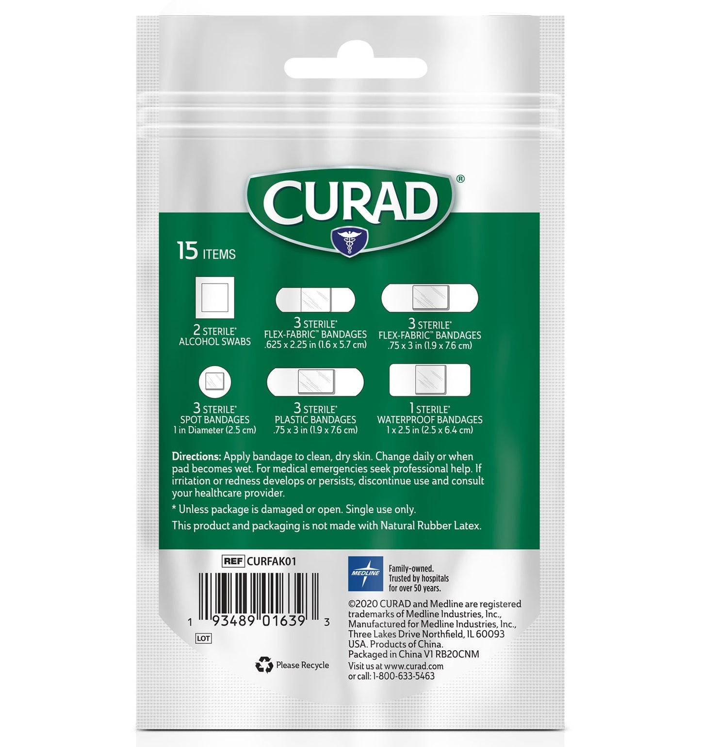 CURAD First Aid On-the-Go Essentials Portable Pack, 15 count