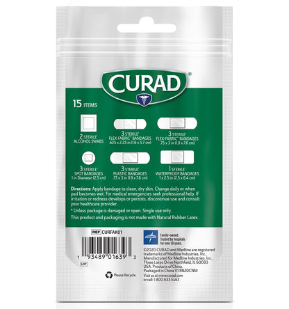 CURAD First Aid On-the-Go Essentials Portable Pack, 15 count