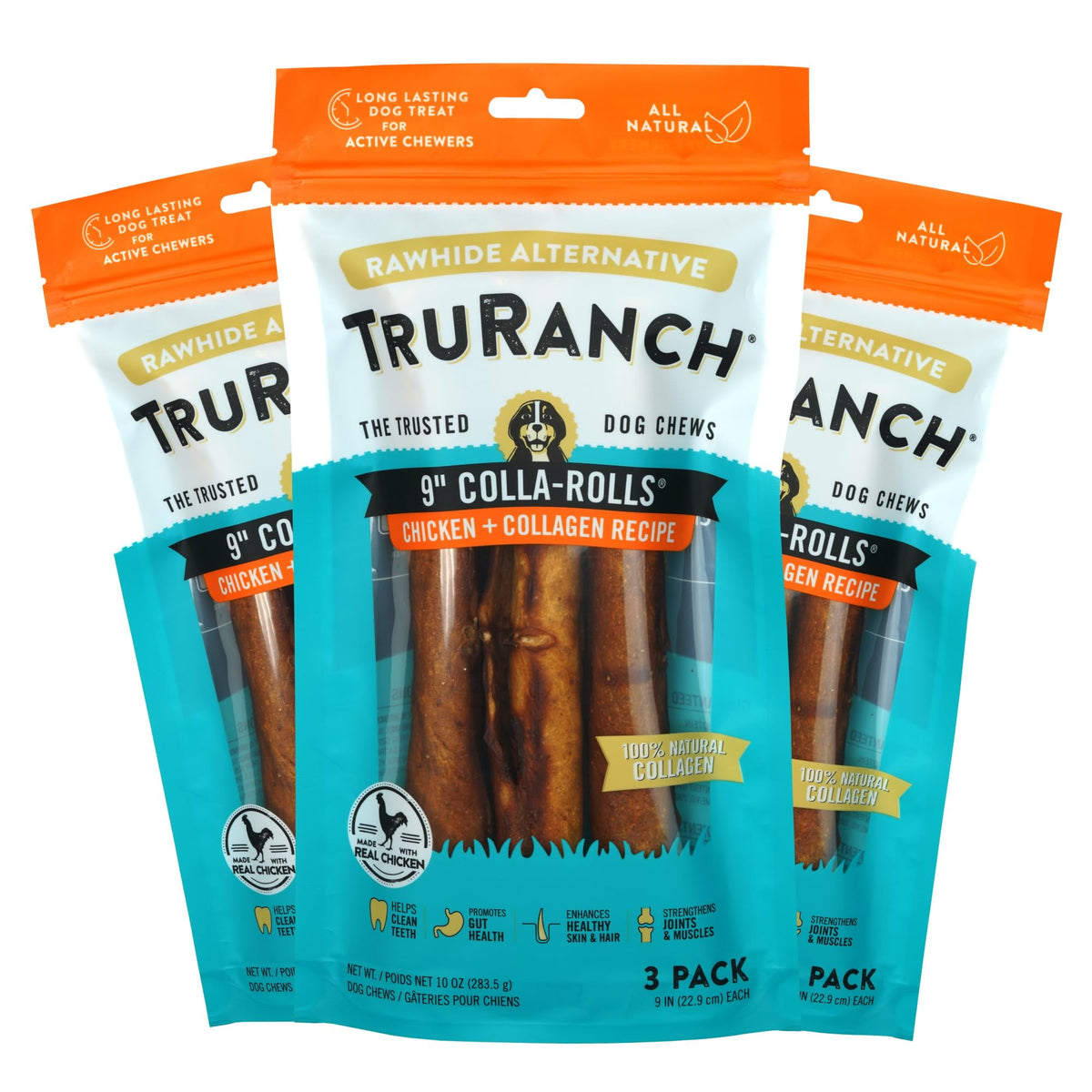 TruRanch 9" Rawhide Alternative Collagen Rolls for Dogs, 3 count
