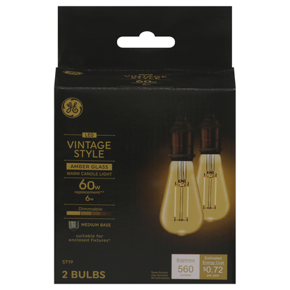 GE Lighting LED Vintage Style Amber Glass Warm Candle Light 5.5W 60W EQ A15 Dimmable, 2 pack