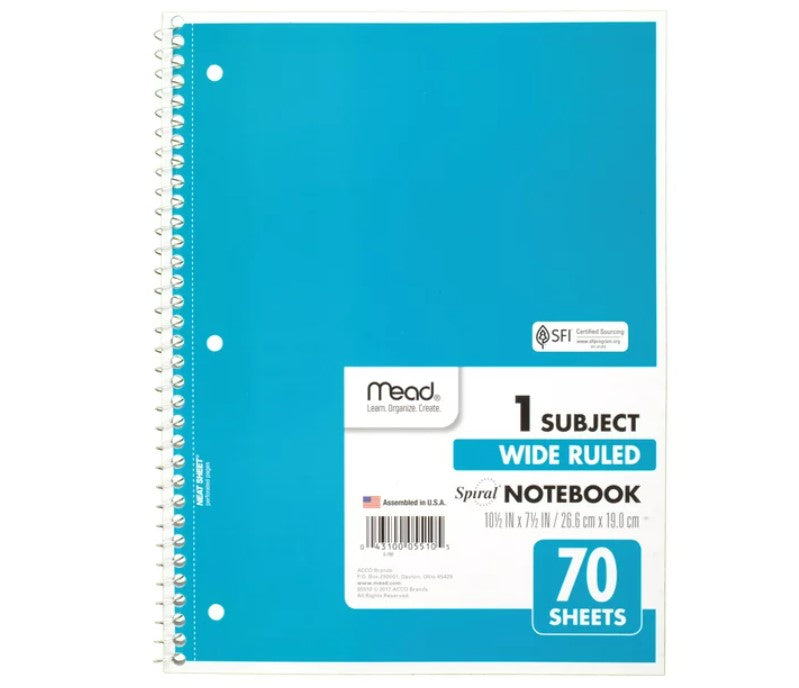 Mead Spiral Notebook, 1 Subject, College Ruled
