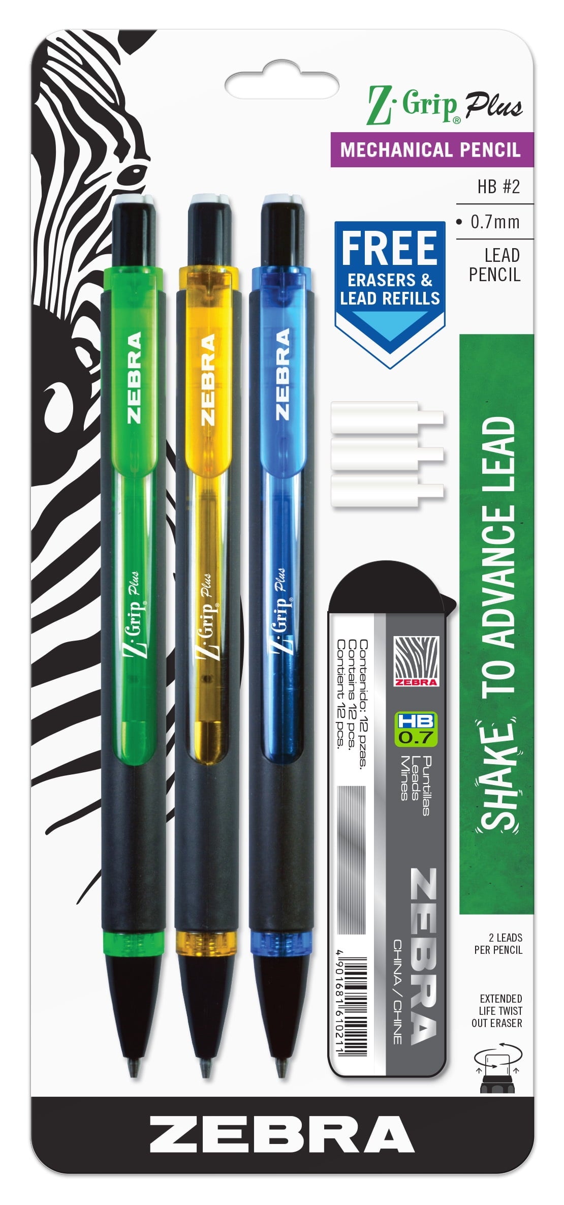 Zebra Pen Z-Grip Plus  0.7mm Mechanical Pencil with Lead and Erasers, 3 pack