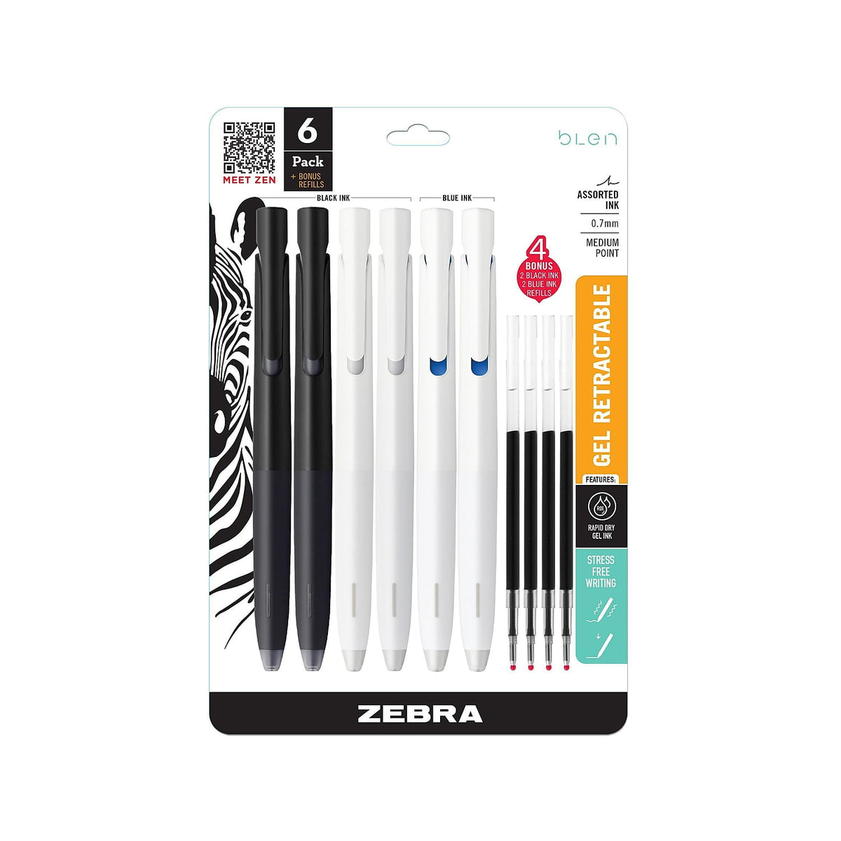 Zebra Blen Retractable Gel Pen 0.7mm Black Ink White Barrel, 2-pack
