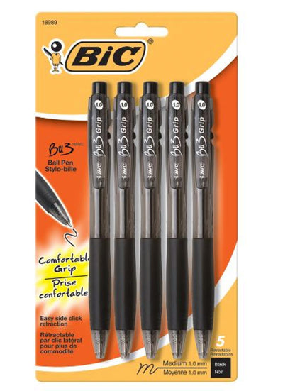 BiC Comfort Grip Retractable Ballpoint Pen - Black, 5 count