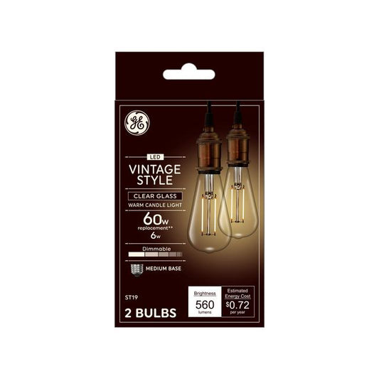 GE Lighting Vintage LED 60 Watt Replacement, Candlelight, ST19 Edison Bulbs, 2 Pack