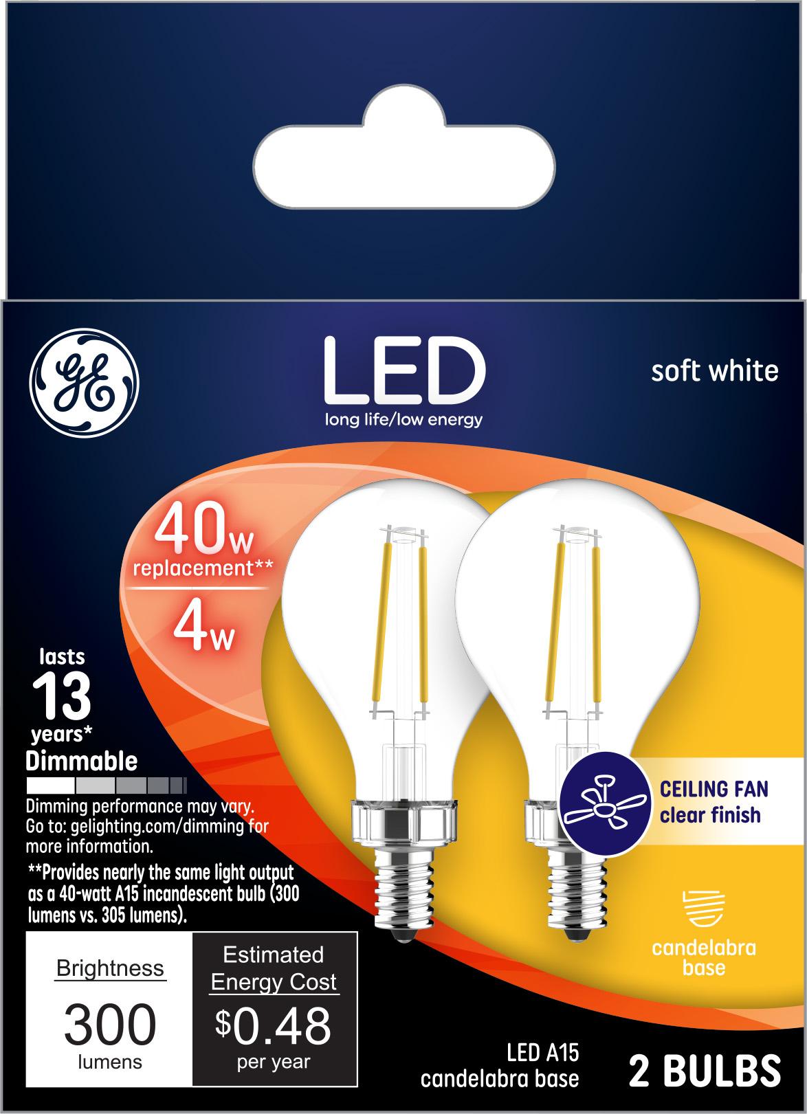 GE Lighting Classic LED 40 Watt Replacement, Soft White, A15 Ceiling Fan Bulbs, 2 Pack