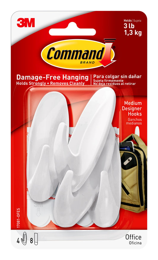 Command Medium Designer Wall Hooks - White, 2 Hooks + 4 Strips