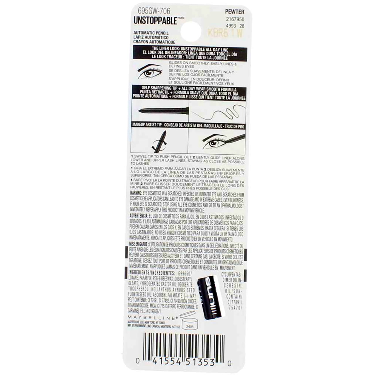 MAYBELLINE New York Unstoppable Mechanical Eyeliner Pencil, Pewter, 0.01 oz