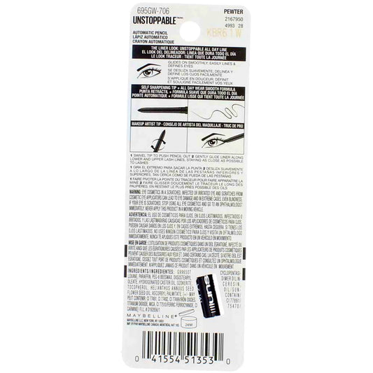 MAYBELLINE New York Unstoppable Mechanical Eyeliner Pencil, Pewter, 0.01 oz
