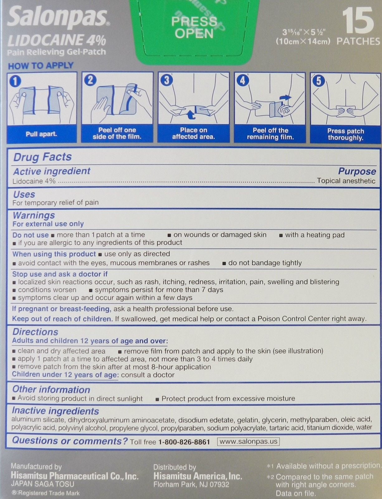 SALONPAS LIDOCAINE 4% PATCHES 6CT