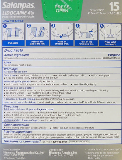 SALONPAS LIDOCAINE 4% PATCHES 6CT