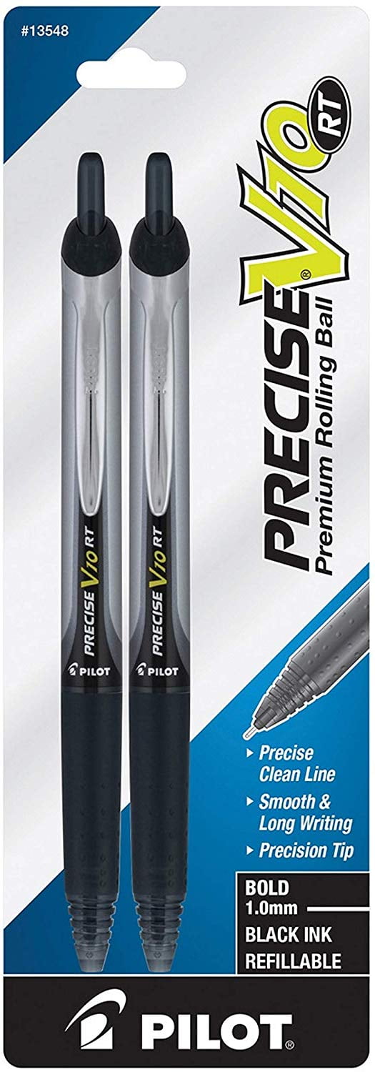 Pilot Precise V10 RT Retractable Premium Rolling Ball Pen, Bold 1.0 mm, Black Ink, 2 Pack