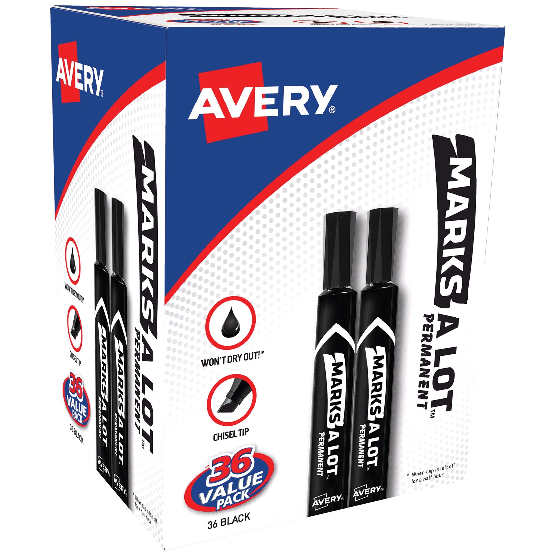 Avery Marks-A-Lot Permanent Markers, Regular Desk-Style Size, Chisel Tip, Black, 2 Count