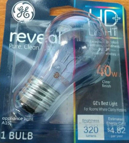 GE Lighting 40W Reveal A15 Incandescent Appliance Light Bulb: Dimmable, 415 Lumens, E26 Base