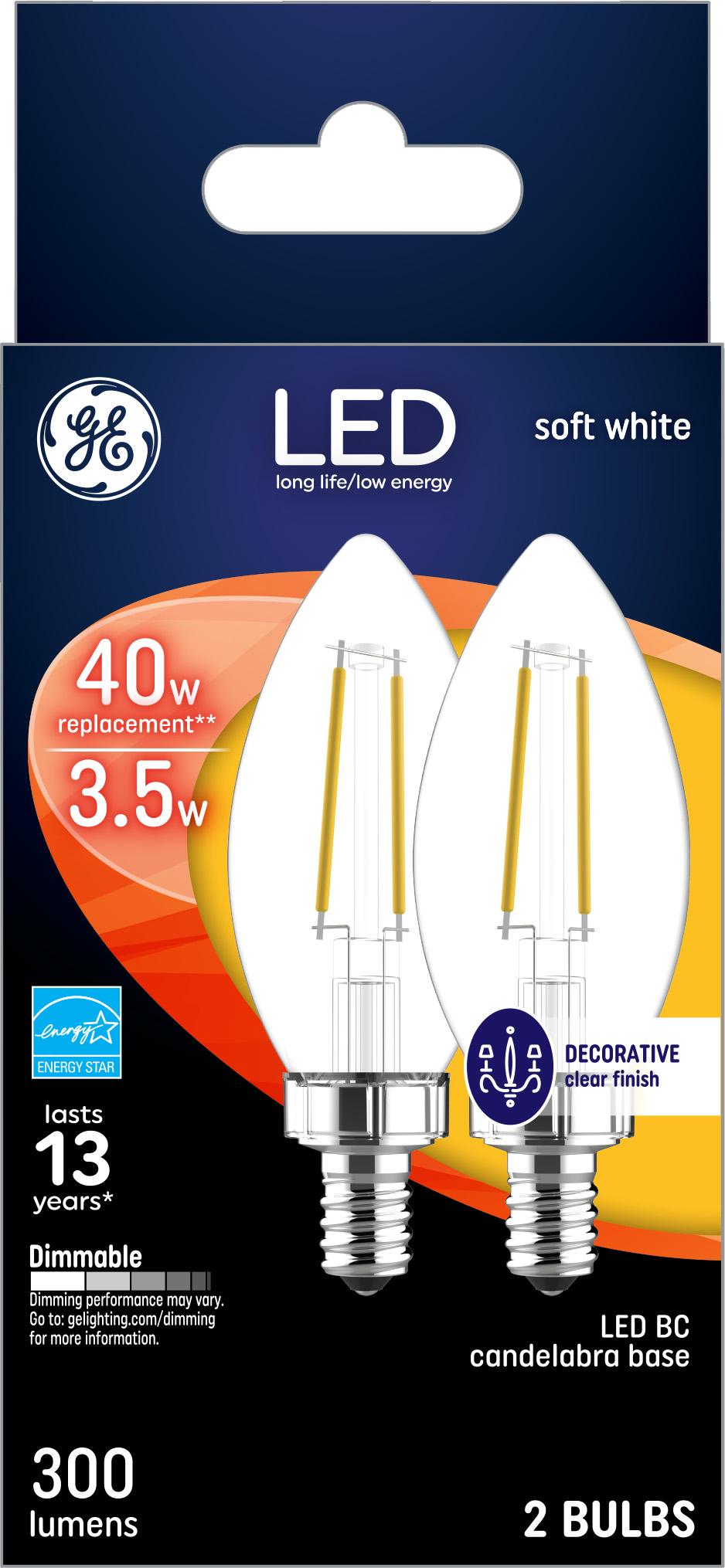 GE Lighting Basic LED 40 Watt Replacement, Soft White, CA11 Deco - Candle Bulbs, 2 Pack