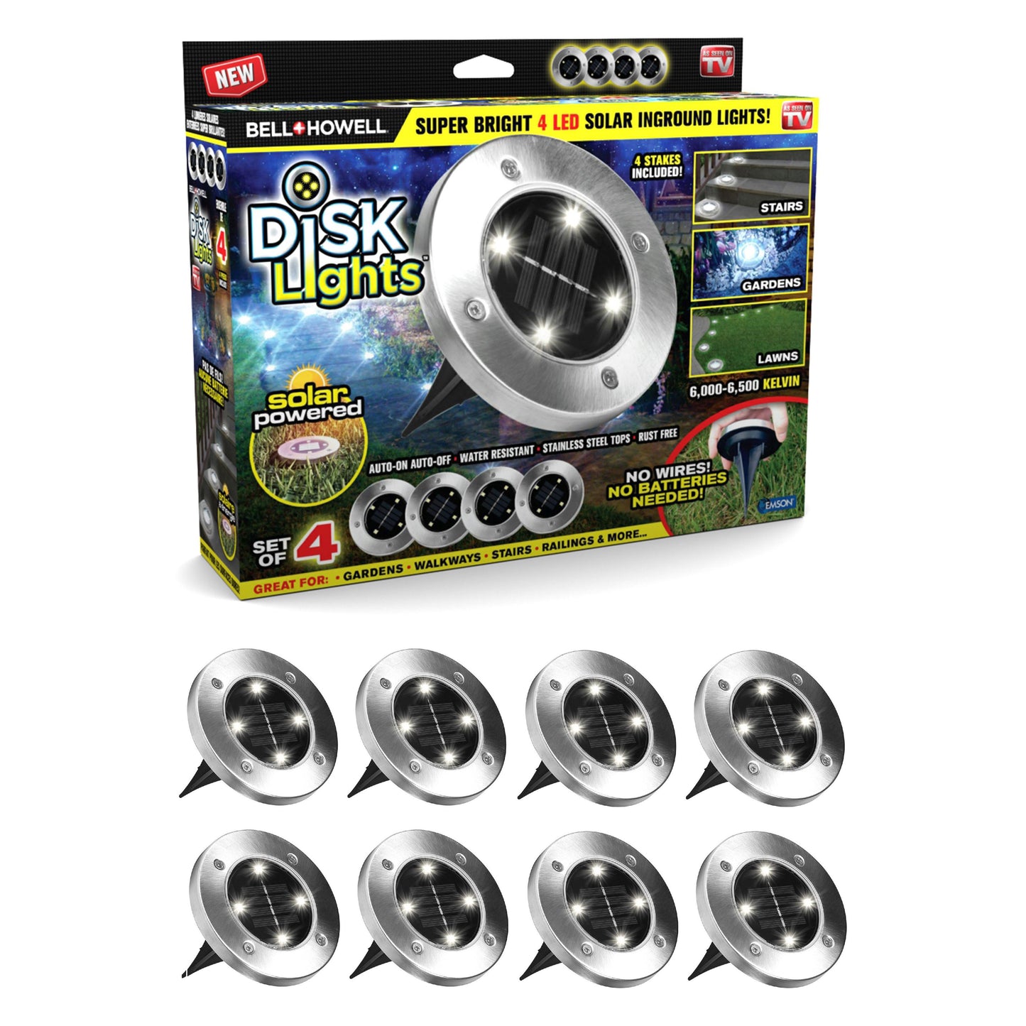 Bell + Howell LED Solar Powered Disk Lights, 4 count