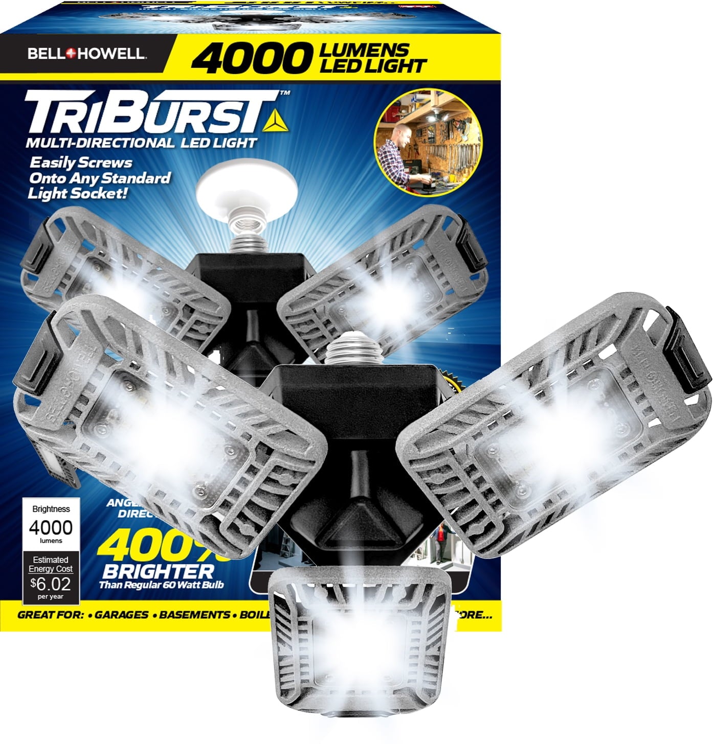 Bell + Howell TriBurst Multi-Directional LED 3 Panel Ceiling Light, 4000 Lumens