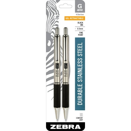 Zebra G-402 Stainless Steel Fine Point (0.5mm) Retractable Gel Pen, Black Ink, 1-Count