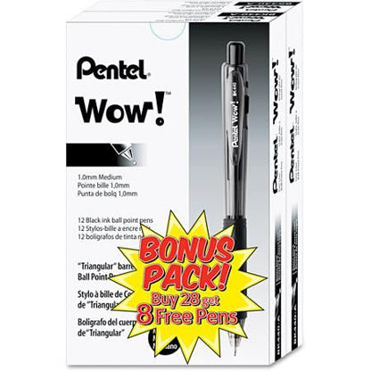 Wow! Retractable Ballpoint Pen, (1.0mm) Medium Line, NEW  Ink, Black Ink 5-Pk