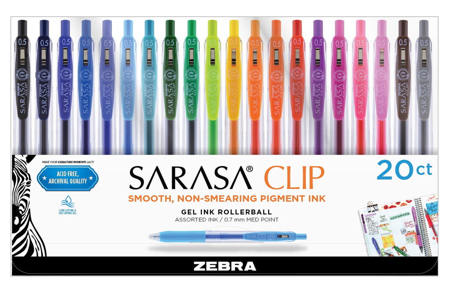 Zebra Sarasa Clip 0.5mm Fine Point Gel Ink Pens 5-Pack Cool & Refined Set, Assorted Colors