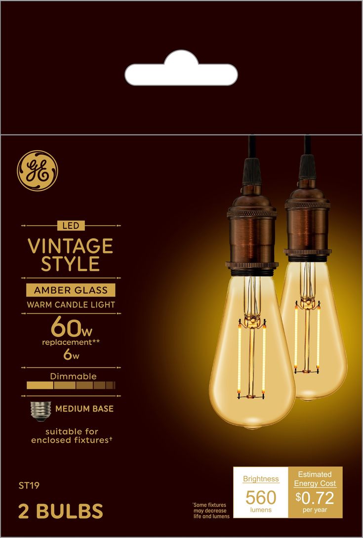 GE Lighting Vintage 60 Watt, Warm candlelight, Medium base (E-26), Dimmable LED Decorative Amber Light Bulb, 2 Pack