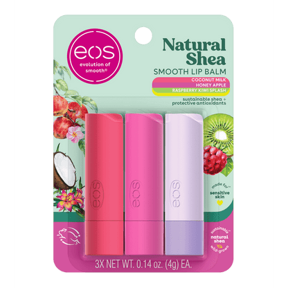 eos Natural Shea Lip Balm - Honey Apple, Coconut Milk & Raspberry Kiwi Splash, 3 count