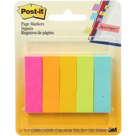 Post-it Page Markers, Fluorescent Colors, 1/2 in x 2 in, 50/Pad, 5 Pads/Pack