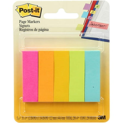 Post-it Page Markers, Fluorescent Colors, 1/2 in x 2 in, 50/Pad, 5 Pads/Pack
