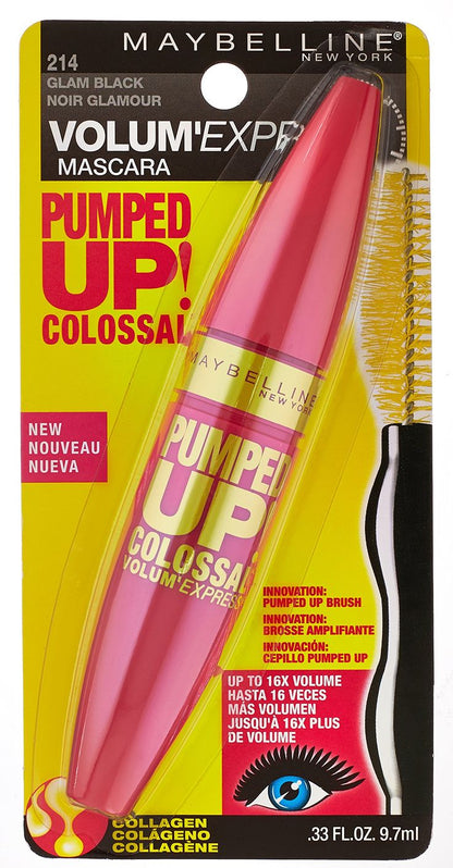 MAYBELLINE New York Pumped Up! Colossal Washable Mascara Makeup, 214 Glam Black, 0.33 oz