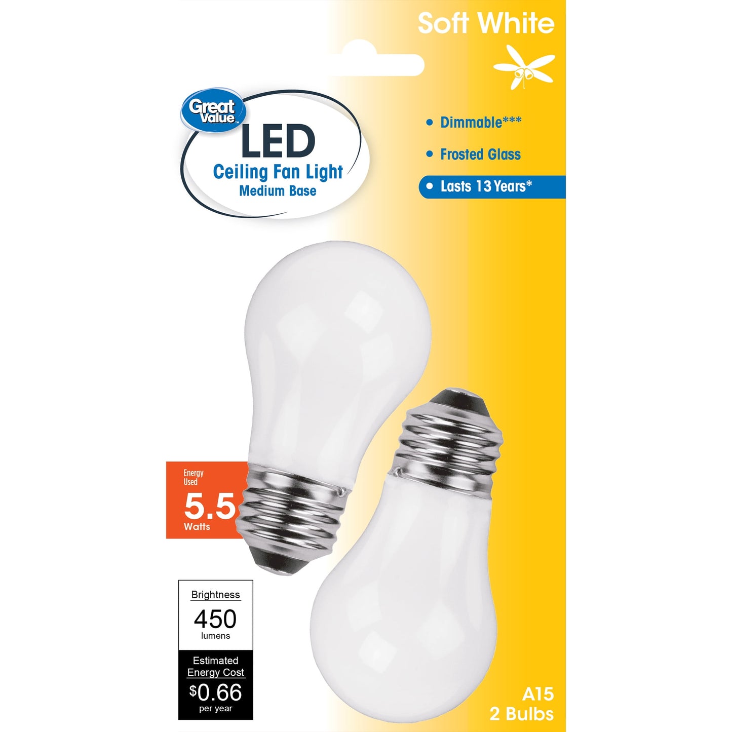 GE 3.5W LED Soft White Dimmable A15 Ceiling Fan Frosted Finish Light Bulb (2-Pack)