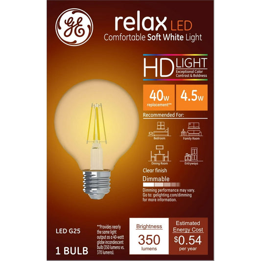GE 2.8W G25 LED Soft White Dimmable Clear Finish Decorative Globe Ligh Bulb (2-Pack)