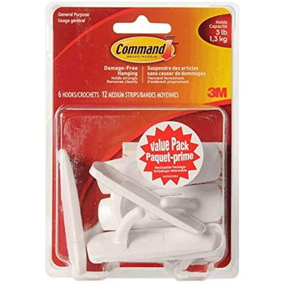 Command Medium Utility Wall Hook - White, 6 Hooks + 12 Strips