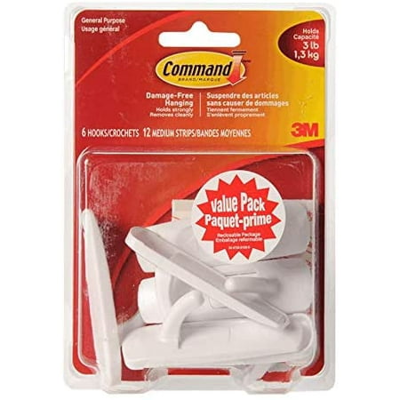 Command Medium Utility Wall Hook - White, 6 Hooks + 12 Strips
