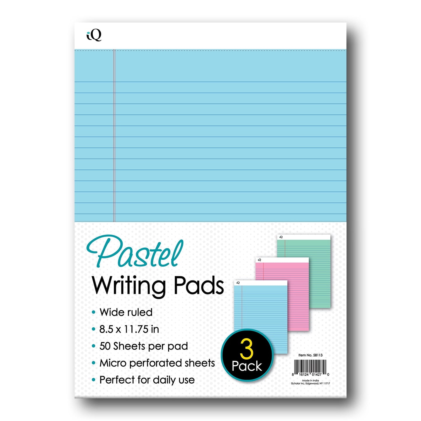iScholar iQ Pastel Writing Pads, 3 count - Assorted Pastels, 8.5" x 11.75"