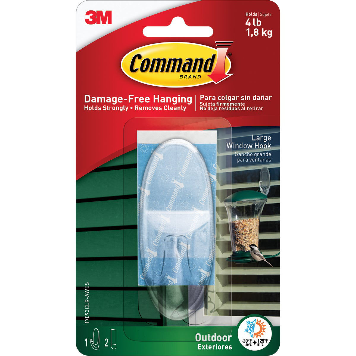 Command Large Outdoor Window Hook - Clear, 1 Hook + 2 Strips
