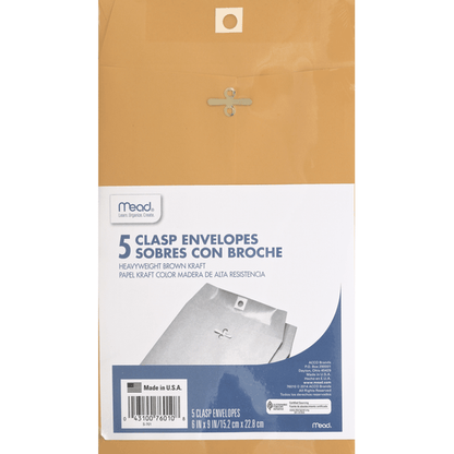 Mead Heavy Weight Clasp Envelopes, 6" x 9", Brown Kraft, 5 ct