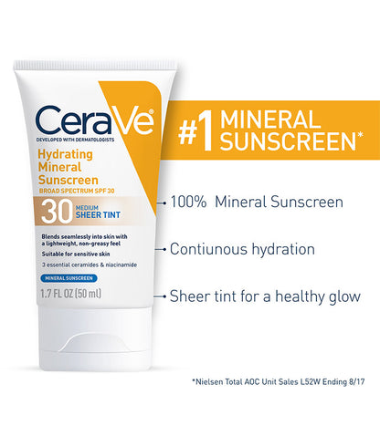 CeraVe Hydrating Mineral Tinted Face Sunscreen Lotion, Medium - SPF 30, 1.7 oz