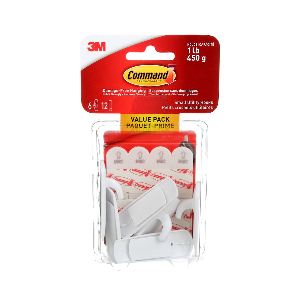 Command Small Utility Wall Hook - White, 6 Hooks + 12 Strips