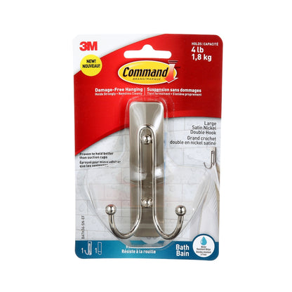 Command Large Double Bath Hook - Satin Nickel, 1 Hook + 1 Strip