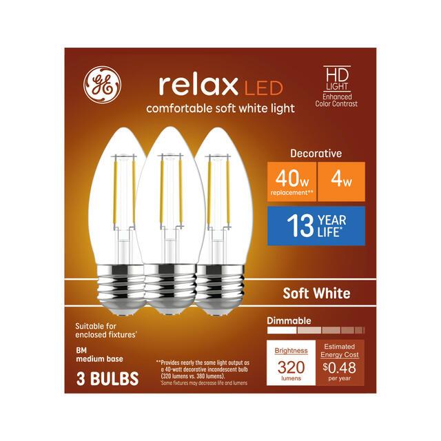 GE Lighting Relax HD CA11 LED Light Bulbs, Decorative Candle Bulbs, 40 Watt Replacement, Soft White, 2 Pack