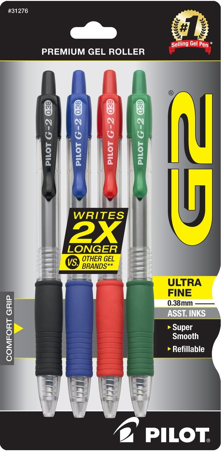 Pilot G2 Premium Refillable & Retractable Gel Pens, Fine Point (0.7mm), Assorted Colors, 4 Count
