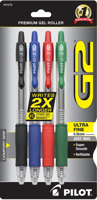 Pilot G2 Premium Refillable & Retractable Gel Pens, Fine Point (0.7mm), Assorted Colors, 4 Count
