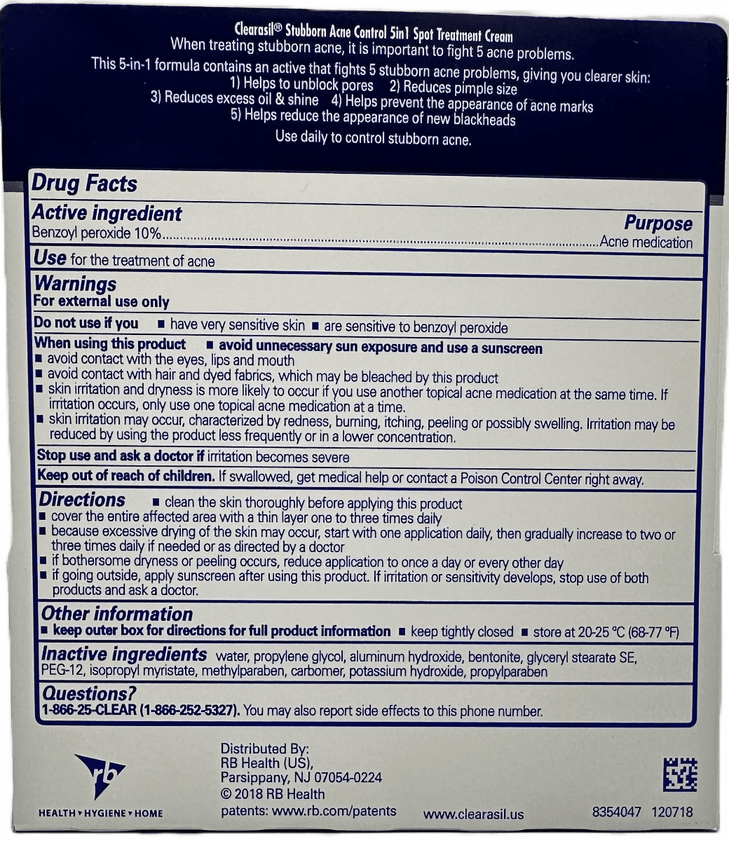 Clearasil Stubborn Acne Contrl 5-In-1 Spot Treatmnt Cream 1oz