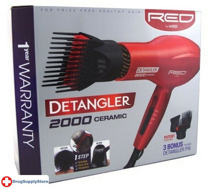 Kiss Red Dryer 1875 Watt 2000 Ceramic Detangler W/3 Piks