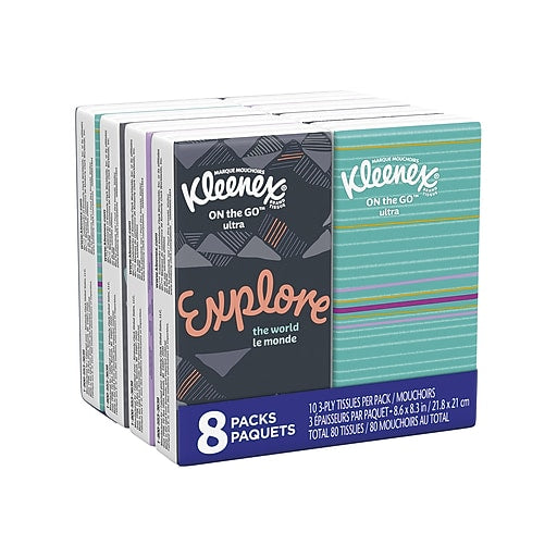 Kleenex On-the-Go 3-Ply Facial Tissue, 8 pack