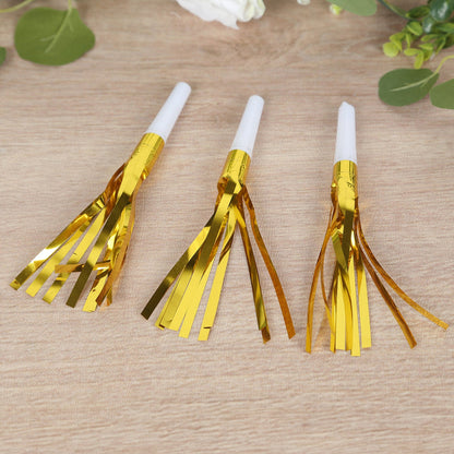 Unique Party! Foil Horn Blowouts with Colorful Fringe, 6 count