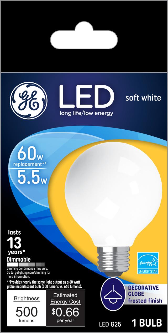 GE Lighting LED Light Bulbs, G25 Vanity Globe Lights, 60 Watt Replacement, Soft White, 2 Pack