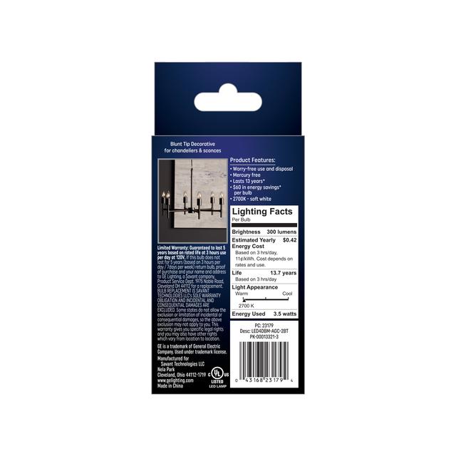 GE Lighting Basic LED 40 Watt Replacement, Soft White, B11 Deco - Candle Bulbs, 2 Pack