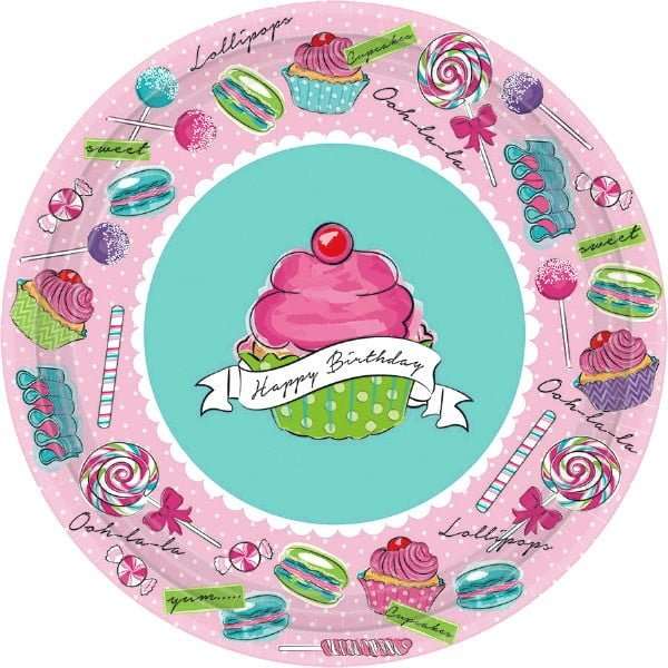 Unique Patterned Round 7" Paper Plates - Triangle Birthday, 8 count